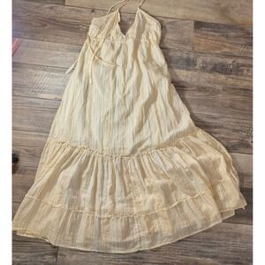 Express Womens Metallic Gold Stripe Halter Maxi Dress Cutout Back Cream Size M